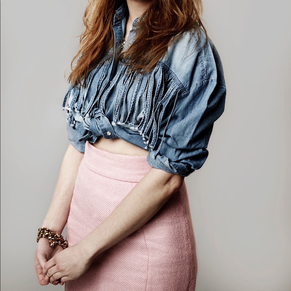 Shabby Chic Linen blend knee length column skirt with tie front- Dusty Rose